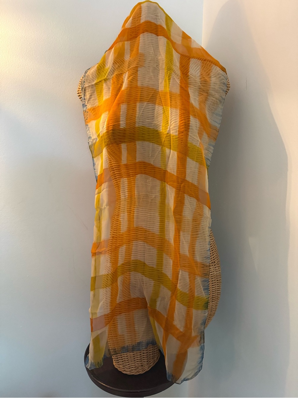 Vintage 💯 silk Lightweight Yellow & Orange Plaid Scarf- Mode Maker - Picture 3 of 5